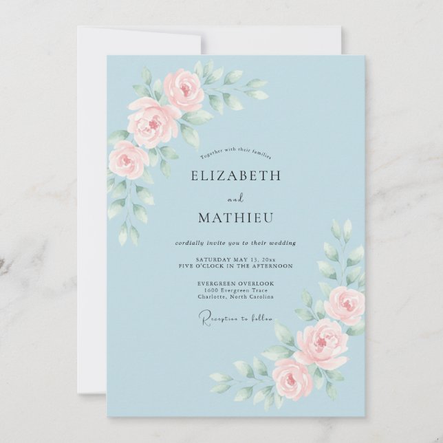Powder Blue Delicate Floral Wedding Invitation (Front)