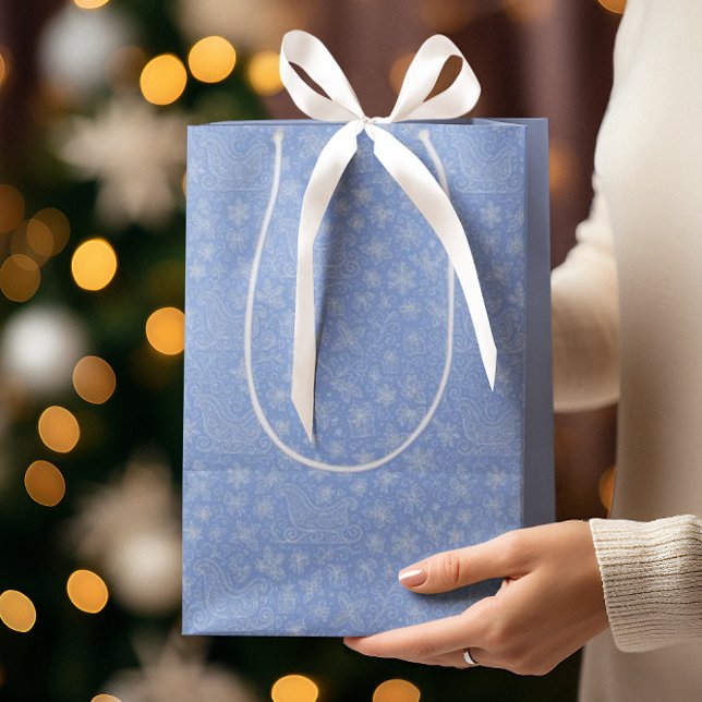 Powder Blue Doodle Christmas Sleigh Pattern Medium Gift Bag (Creator Uploaded)