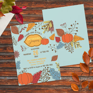 Powder Blue Doodle Pumpkin Thanksgiving Dinner Invitation