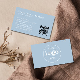 Powder Blue Elegant Custom Company Logo QR Code Business Card