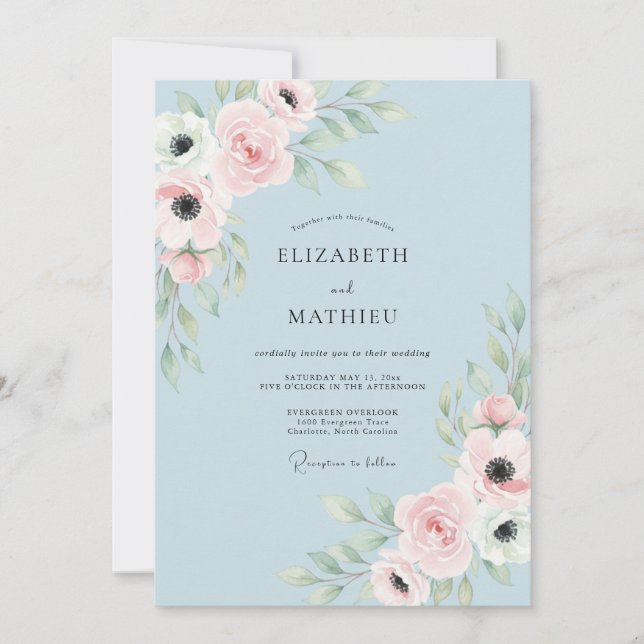 Powder Blue Ethereal Floral Wedding Invitation (Front)
