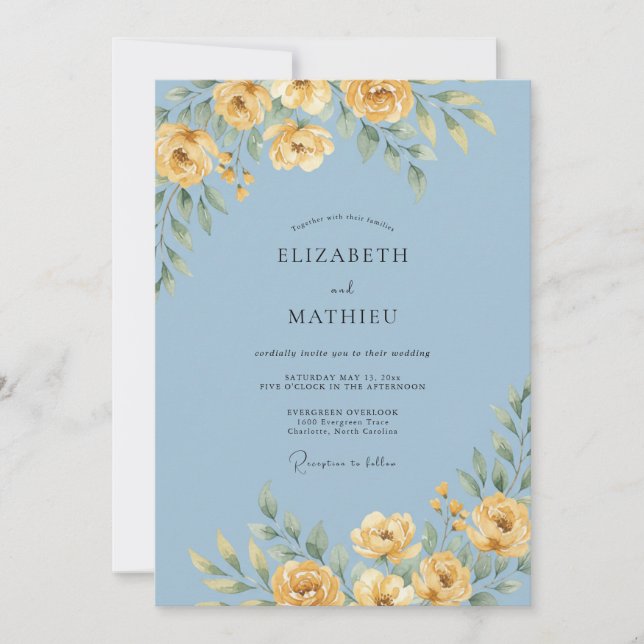 Powder Blue Floral Bloom Wedding Invitation (Front)