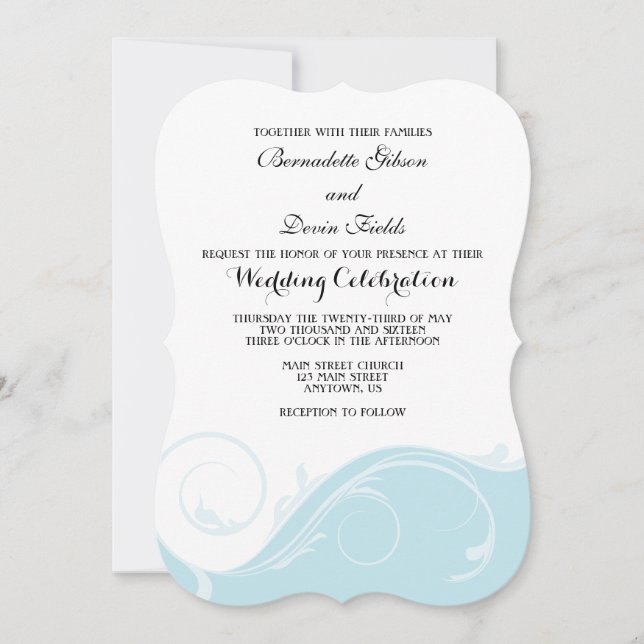 Powder Blue Floral Swirl Bracket Wedding Invites (Front)
