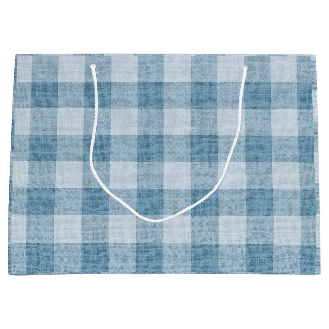 Powder Blue Gingham Buffalo Check Linen Texture Large Gift Bag (Front)