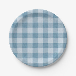 Powder Blue Gingham Buffalo Check Linen Texture Paper Plate