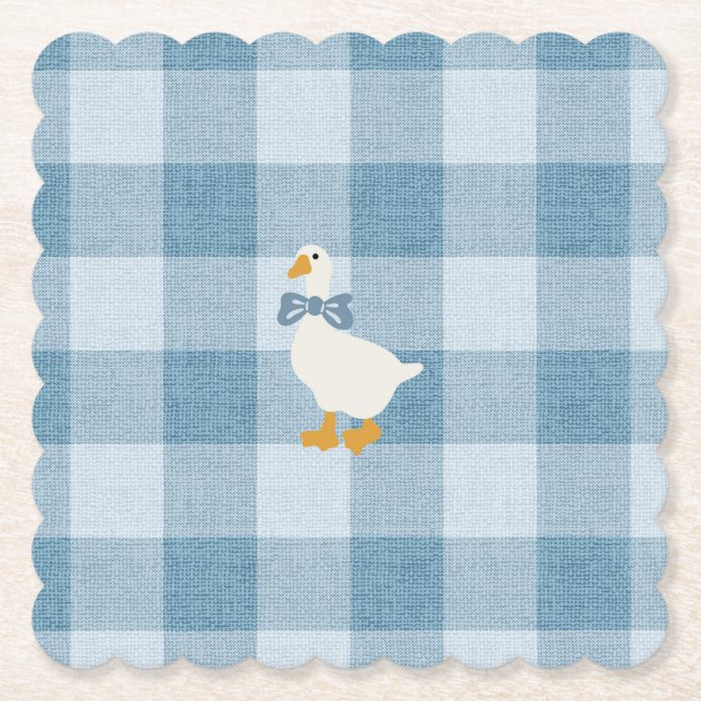 Powder Blue Gingham Goose Baby Shower Check Paper Coaster (Front)