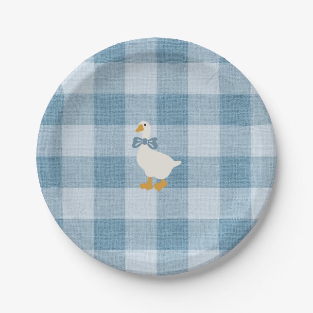 Powder Blue Gingham Goose Baby Shower Check Paper Plate (Front)