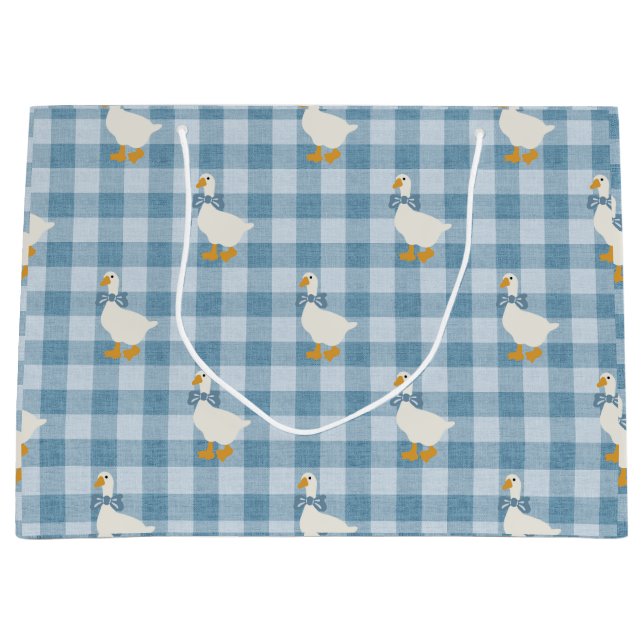 Powder Blue Gingham Goose Linen Texture Large Gift Bag (Front)