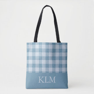 Powder Blue Gingham Monogram Custom Name Tote Bag