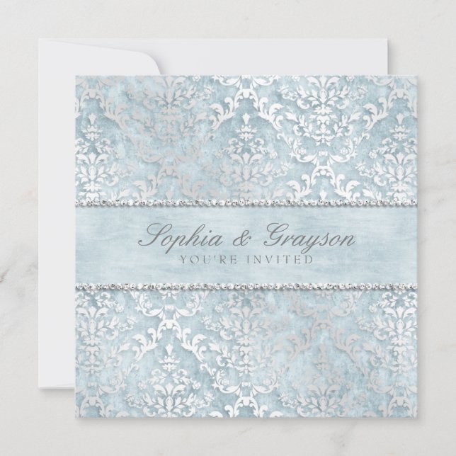 Powder Blue Glimmer Damask Wedding Invite (Front)
