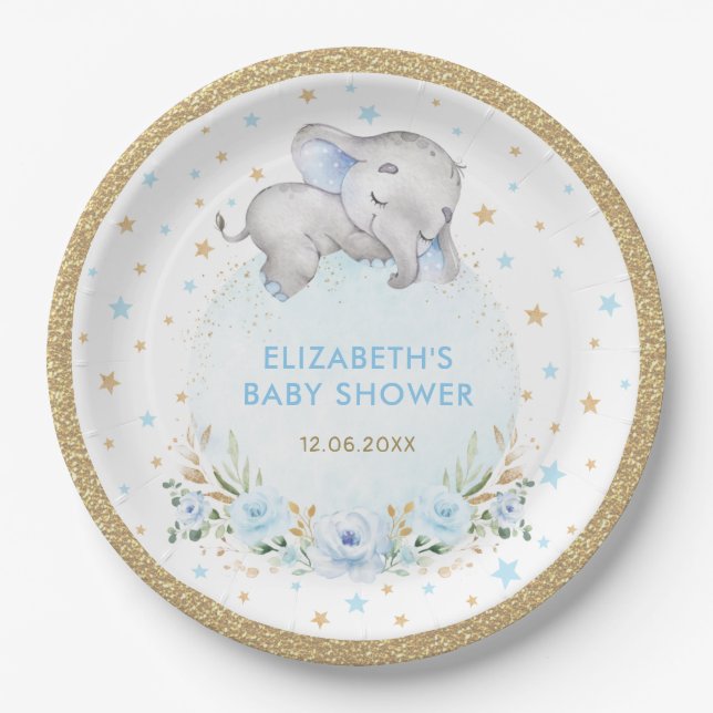Powder Blue Gold Roses Elephant Baby Boy Shower Paper Plate (Front)