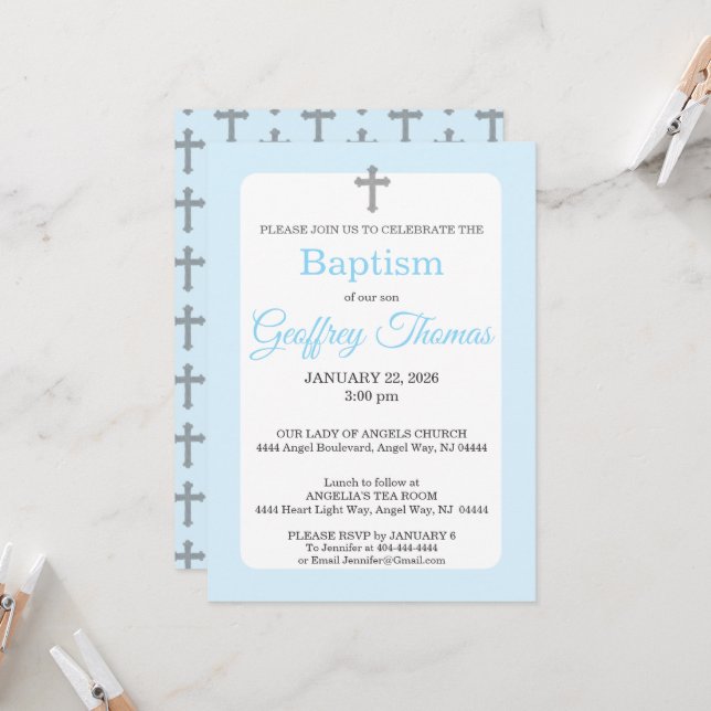 Powder Blue & Gray Cross Watercolor Baptism Invitation (Front/Back In Situ)