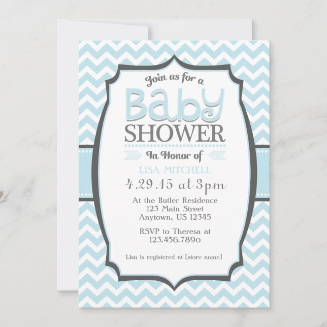 Powder Blue Grey Chevron Baby Shower Invitation (Front)