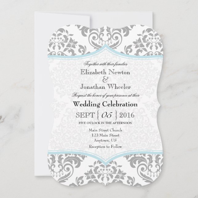 Powder Blue Grey Damask Bracket Wedding Invite (Front)