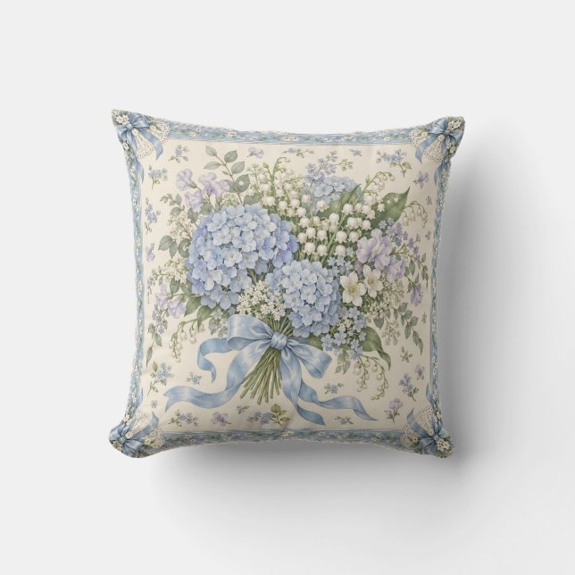 Powder Blue Hydrangea Bow Lace Frame Cushion (Front)