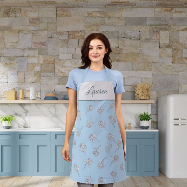 Powder Blue Hydrangea Floral Pattern Monogram Apron (Creator Uploaded)