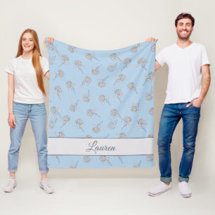 Powder Blue Hydrangea Floral Pattern Monogram Fleece Blanket