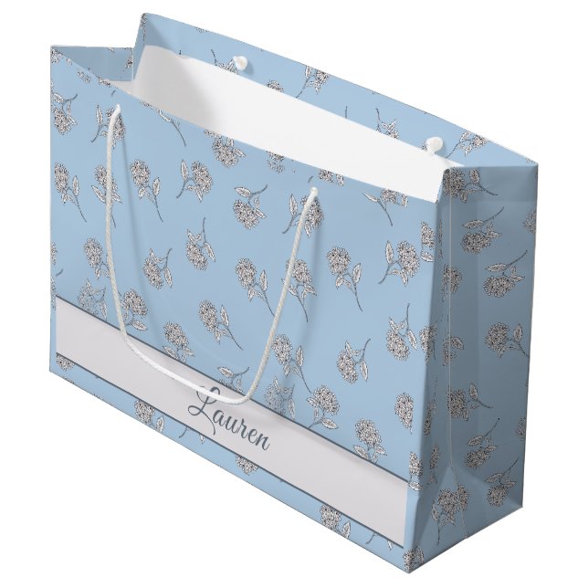 Powder Blue Hydrangea Floral Pattern Monogram Large Gift Bag (Front Angled)