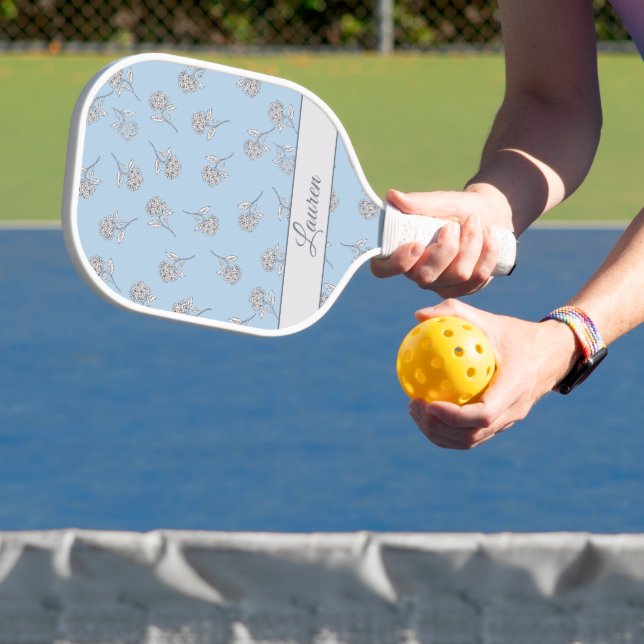 Powder Blue Hydrangea Floral Pattern Monogram Pickleball Paddle (Insitu)