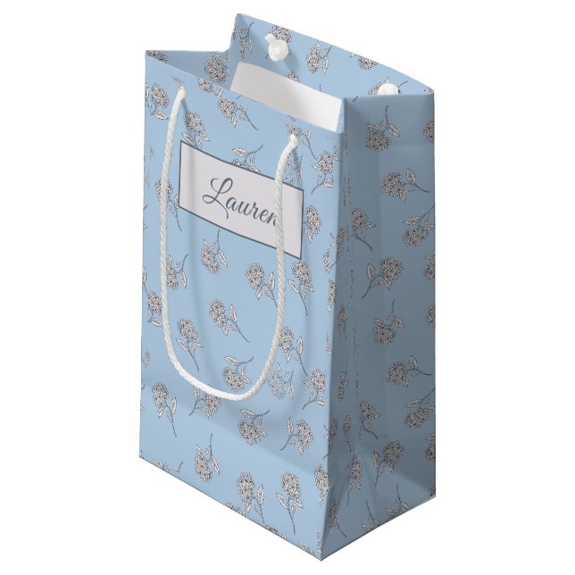 Powder Blue Hydrangea Floral Pattern Monogram Small Gift Bag (Front Angled)