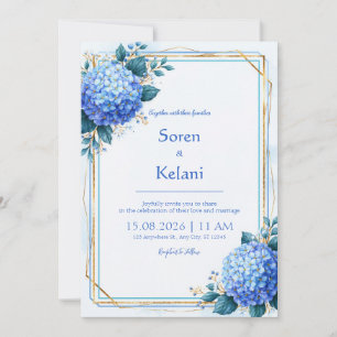 Powder Blue Hydrangea Gold Frame Wedding Invitation