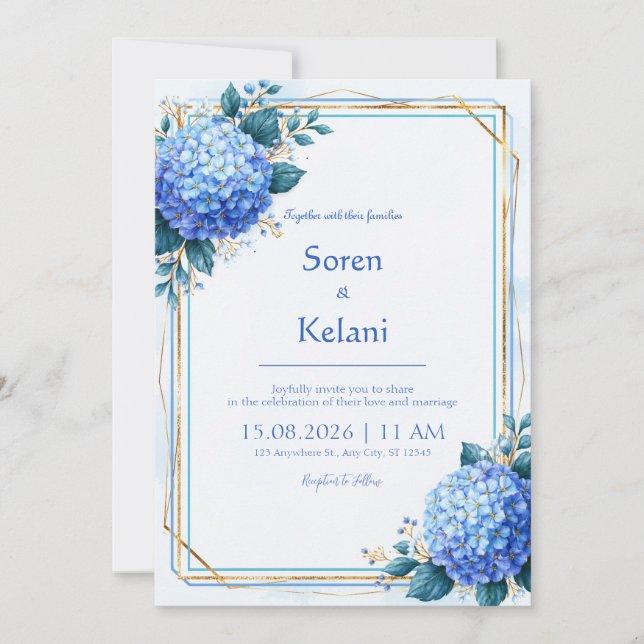 Powder Blue Hydrangea Gold Frame Wedding Invitation (Front)
