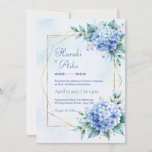 Powder Blue Hydrangea Gold Wedding Invitation