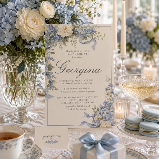 Powder Blue Hydrangea Ivory Monogram Bridal Shower Invitation (Creator Uploaded)