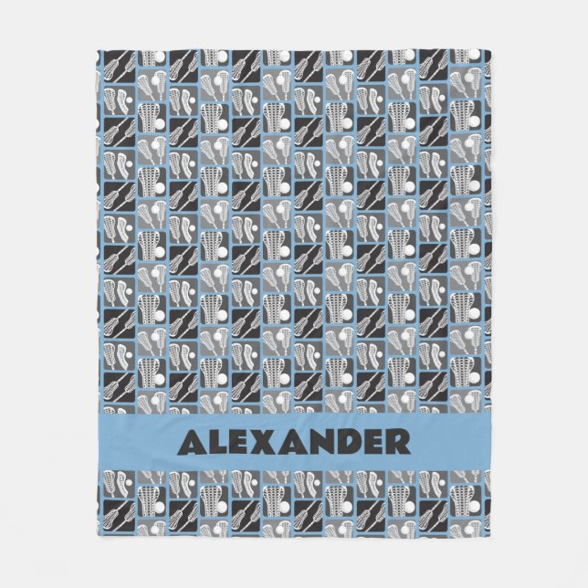 Powder Blue Lacrosse Blocks of Sticks and Balls Fleece Blanket (Front)