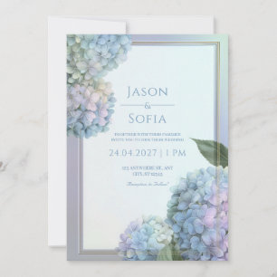 Powder Blue Lavender Hydrangea Gold Frame Wedding Invitation