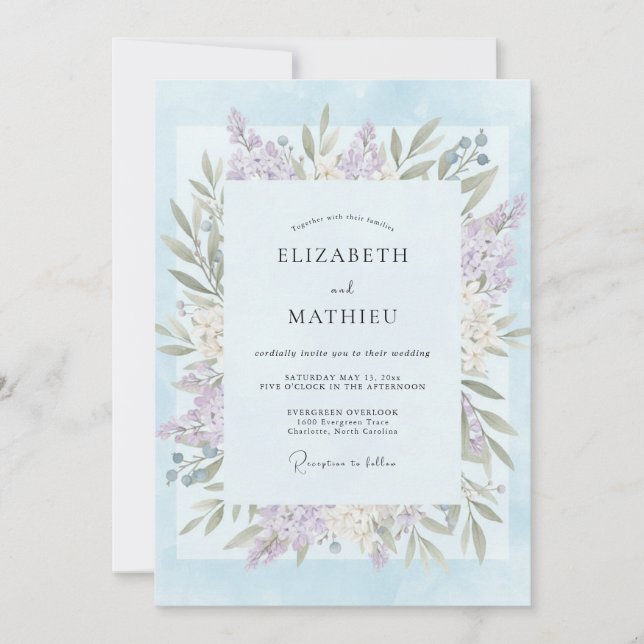 Powder Blue Lilac Leaf Wedding Invitation (Front)