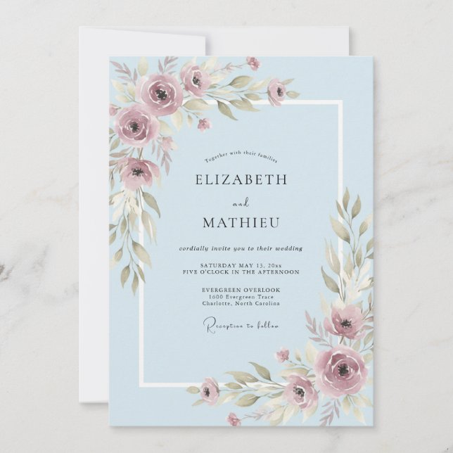 Powder Blue Mauve Leafy Wedding Invitation (Front)