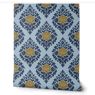 Powder Blue, Navy and Ochre Floral Damask Wallpaper
