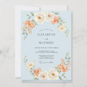 Powder Blue Peach Painted Wedding Invitation