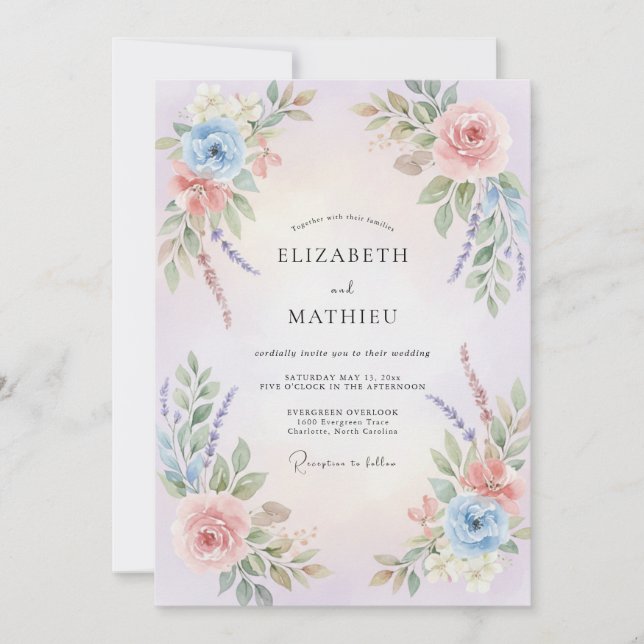 Powder Blue Peach Ranunculus Eucalyptus Wedding Invitation (Front)