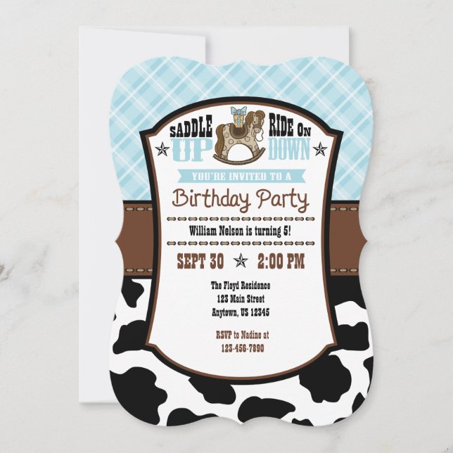 Powder Blue Plaid Cowhide Cowboy Birthday Invite (Front)