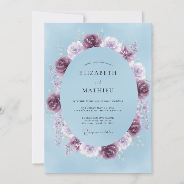 Powder Blue Plum Ranunculus Eucalyptus Wedding Invitation (Front)