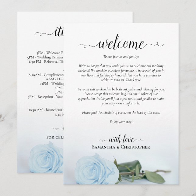 Powder Blue Rose Fancy Wedding Welcome & Itinerary Programme (Front/Back)