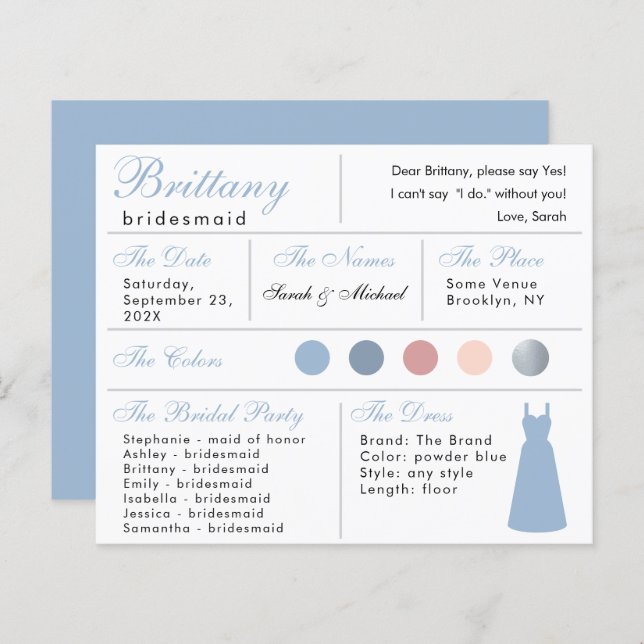 Powder Blue Silver Bridesmaid Information Card (Front/Back)