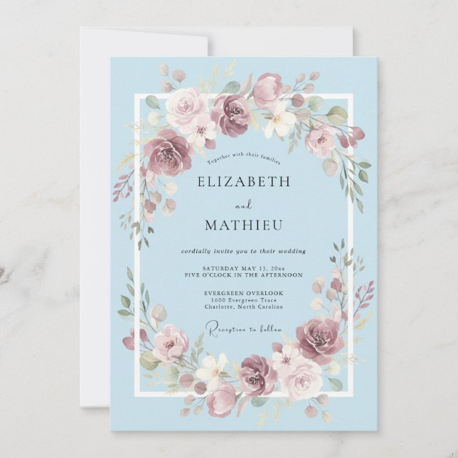 Powder Blue Sophisticated Floral Wedding Invitation (Front)