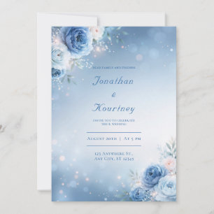 Powder Blue Sparkle Floral Border Wedding Invitation