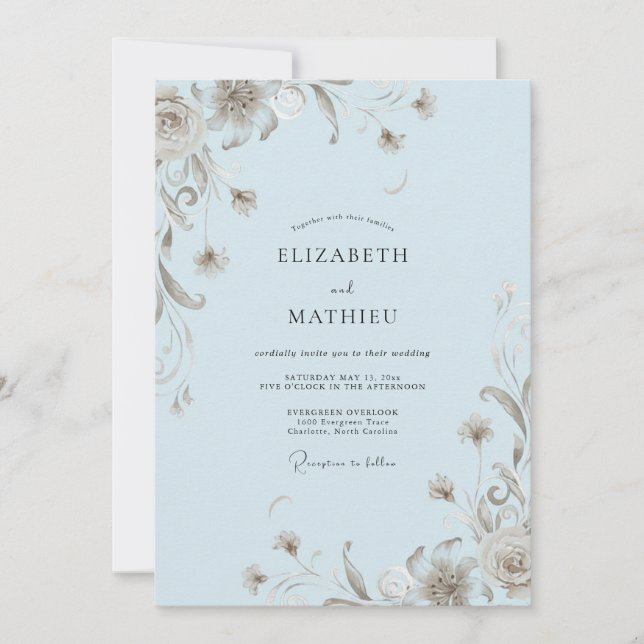 Powder Blue Taupe Vine Wedding Invitation (Front)