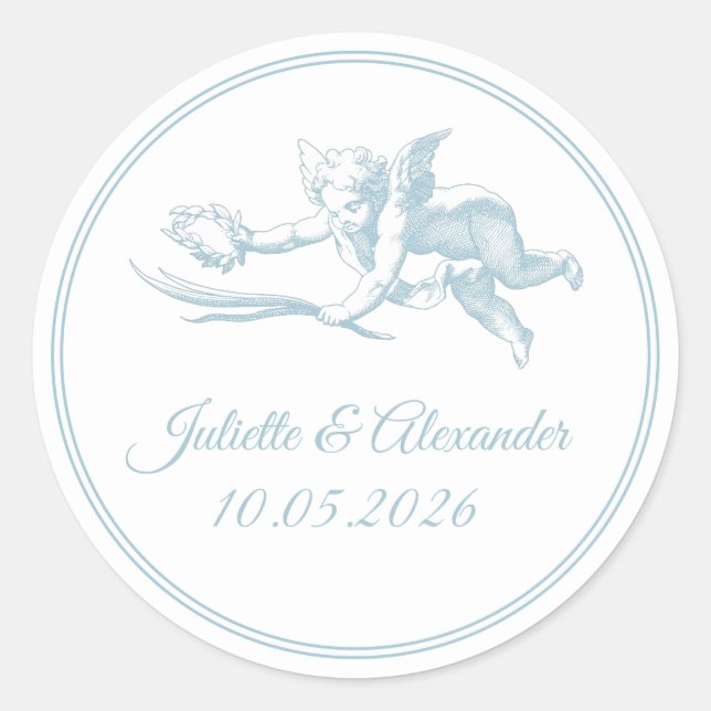 Powder Blue Toile de Jouy Cupid Classic Round Wedd Sticker (Front)