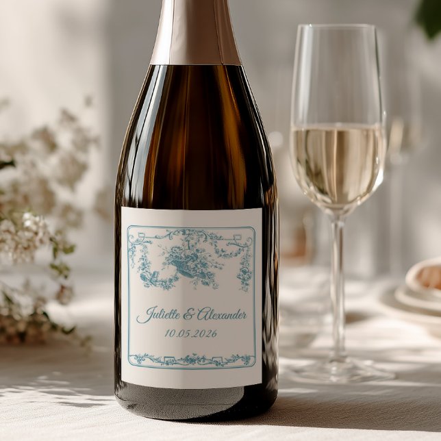 Powder Blue Toile de Jouy Wedding Bottle Label  (Creator Uploaded)