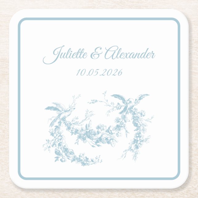 Powder Blue Toile de Jouy Wedding Paper Coasters (Front)