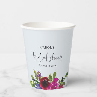 Powder Blue Watercolor Floral Bridal Shower Paper Cups