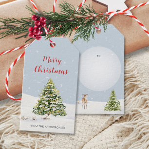 Powder Blue Watercolor Tree and Fawn Christmas Gift Tags