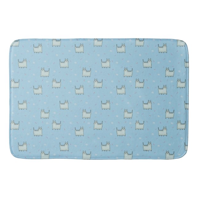 Powder Blue Whimsical Cats Pattern Bath Mat (Front)