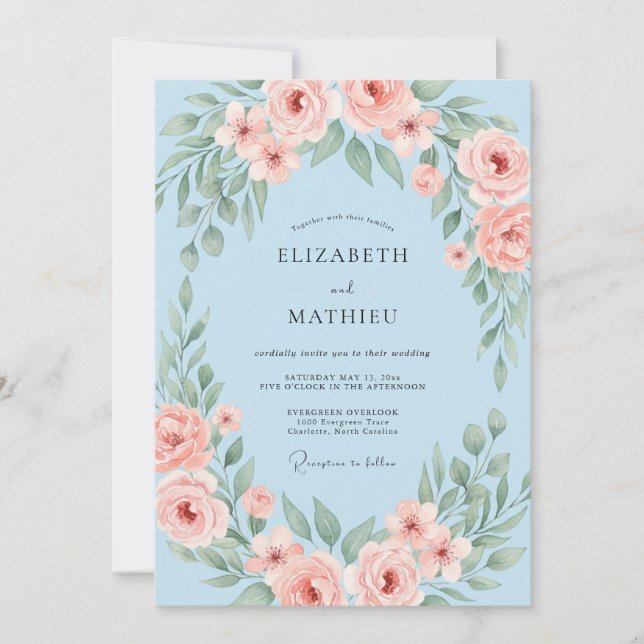 Powder Blue Whimsical Floral Wedding Invitation (Front)