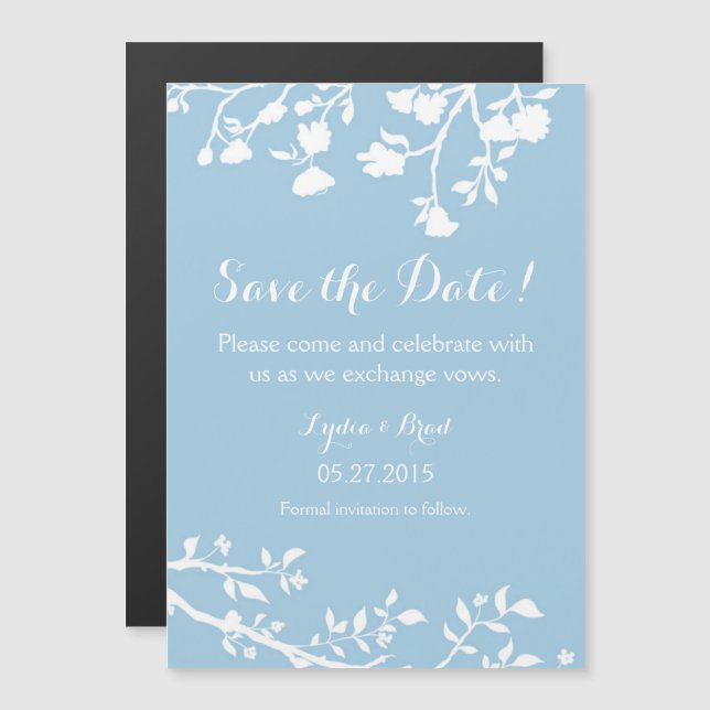 Powder Blue White Flower Save The Date Magnet (Front/Back)